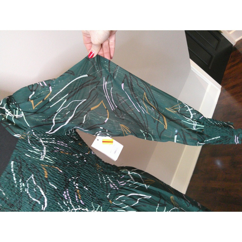 Nine West Dress Womens Med Green NWT Abstract Smocked Metallic Midi WW14Y312RP1 - Picture 3 of 8